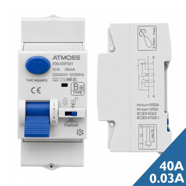 Interruptor diferencial monofásico superinmunizado tipo B-SI ATM; 2P; 40A; 30mA; 10kA