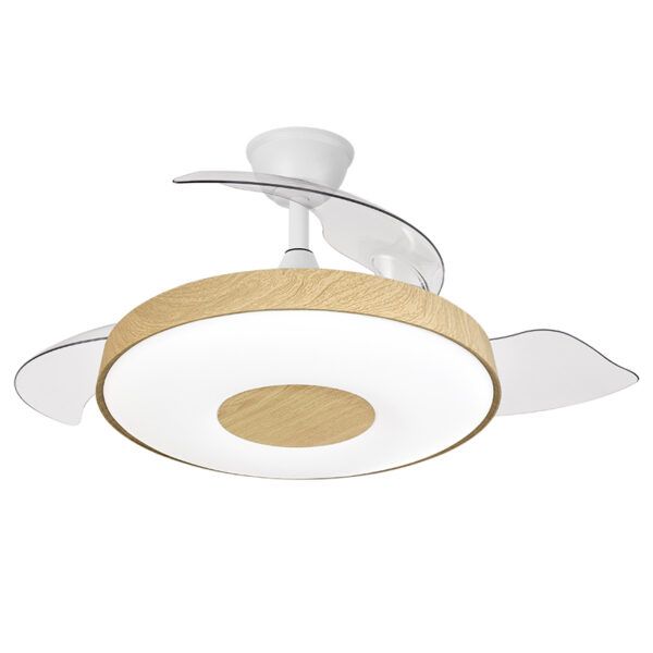 Ventilador de techo LED Ø107; motor DC; con aspas retráctiles MAMBO; 72W; blanco/madera CCT