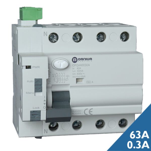 Interruptor diferencial trifásico rearme automático superinmunizado OMN; 4P; 63A; 300mA; tipo A; 6kA