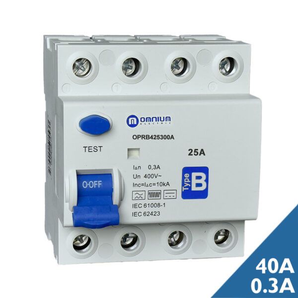Interruptor diferencial trifásico superinmunizado tipo B OMN; 4P; 40A; 300mA; 10kA-AI