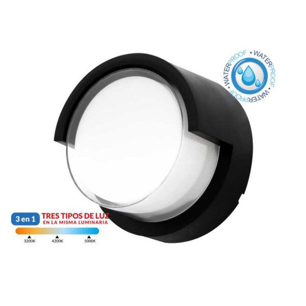 Aplique pared CINZA policarbonato redondo Negro; LED 15W; Exterior IP65; 1200Lm; CCT