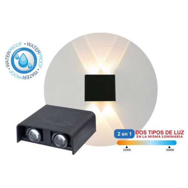 Aplique pared DUAL UP/DOWN policarbonato cuadrado; LED 4W; Exterior IP65; 400Lm; DUAL COLOR