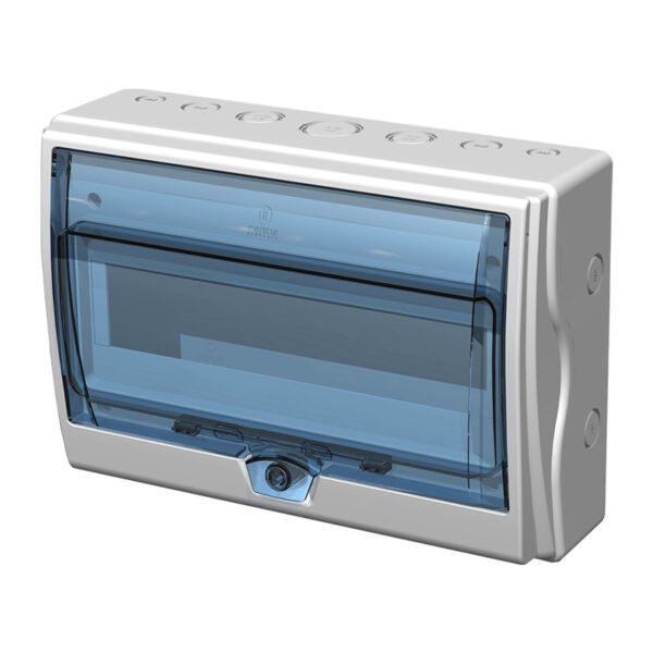 CAJA SUPERFICE 12 ELEMENTOS IP65 PUERTA AZUL TRANSPARENTE; APERTURA ARRIBA - 275x195x90MM