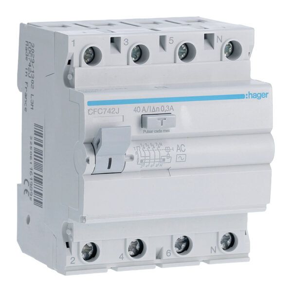 Interruptor diferencial 4P 40A 300mA tipo AC, posicion del neutro derecha