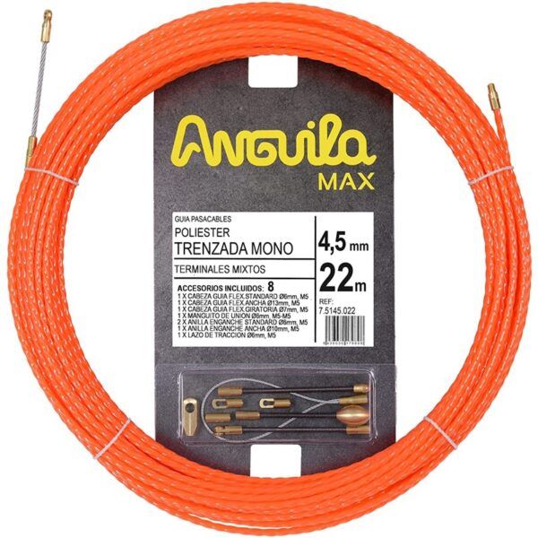 Trenza monofilamento poliéster ANGUILA MAX diámetro 4,5mm 22m con nuevos terminales diámetro 5mm fijos con lazo, color naranja