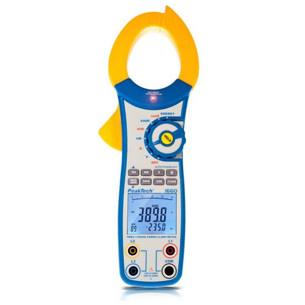 Pinza Amperimétrica Vatímetro Trifásico CA, 4 dígitos 11mm, Bar Gráfico, 40-1000A 750kW 55mm, TRMS, USB